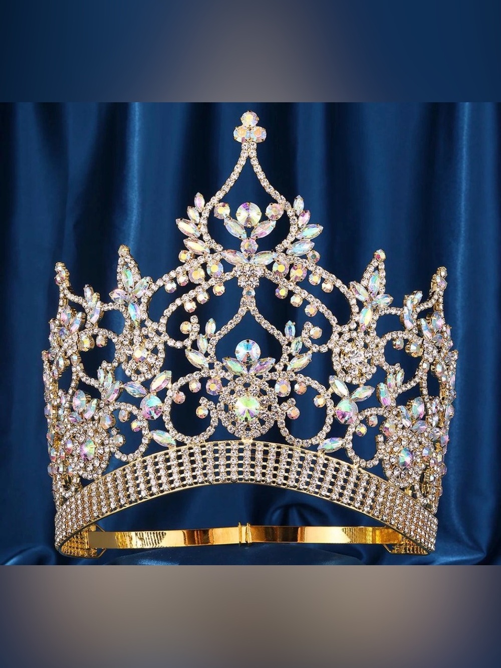 Stunning 7โ Gold AB Crystal Rhinestone Pageant Queen Crown Adjustable Tiara